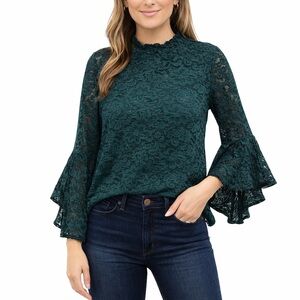 Lace Bell Sleeve Floral Top Boho Whimsigoth Fairy Forest Green Medium